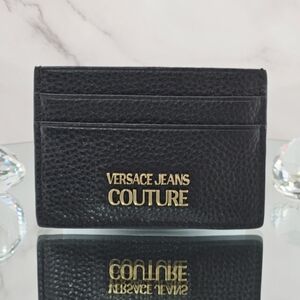 Versace Jeans Couture Card Case Black Leather Gold Logo Slim Designer Modern New